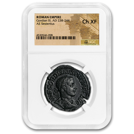 Roman AE Sestertius Gordian III/Laetitia (238-244 AD) Ch XF NGC Roman AE Sestertius Gordian III/Laetitia (238-244 AD) Ch XF NGC